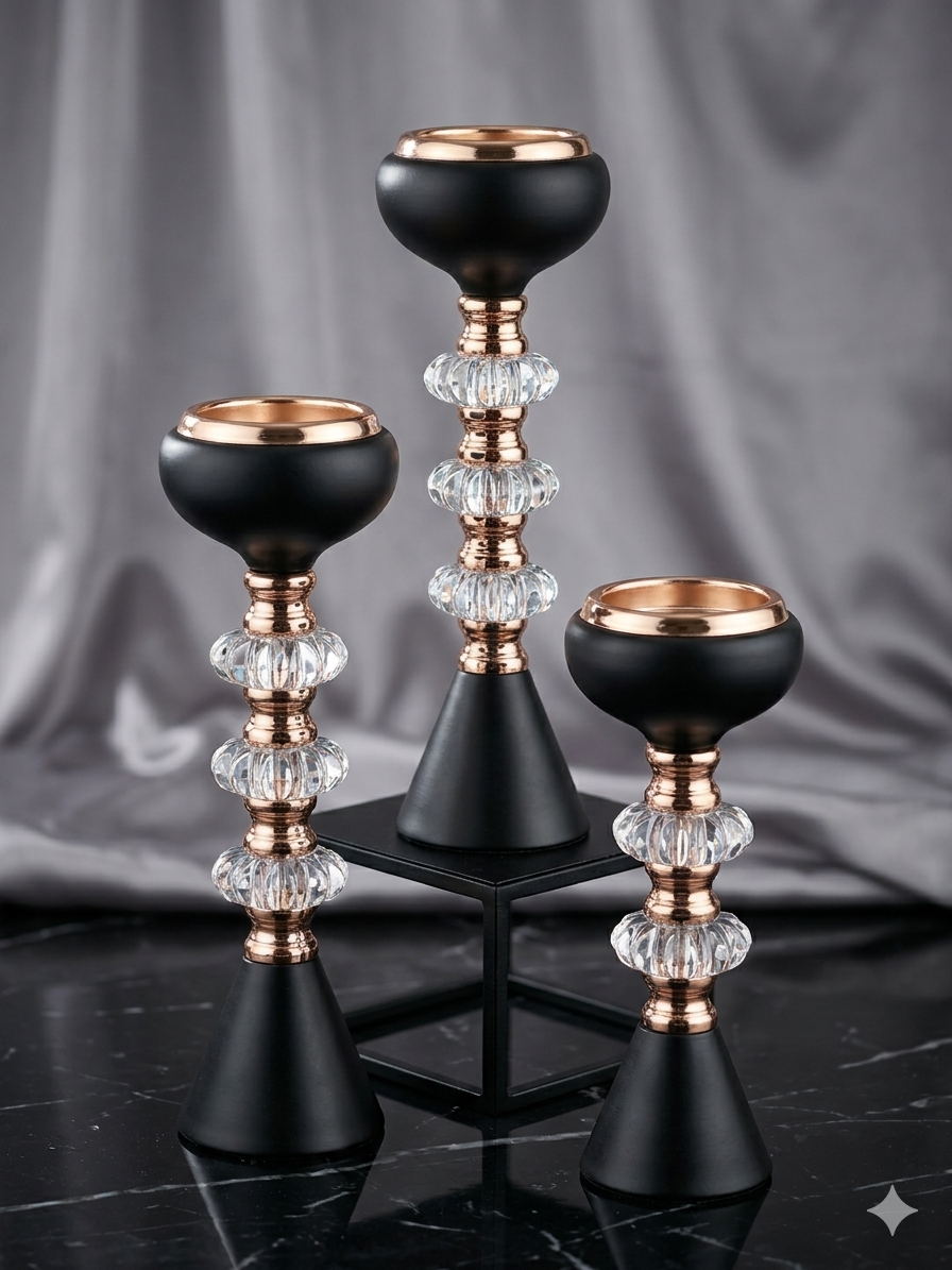 Gold/Black Metal with Acrylic Crystal Tealight Votive 3pc Candle Holders