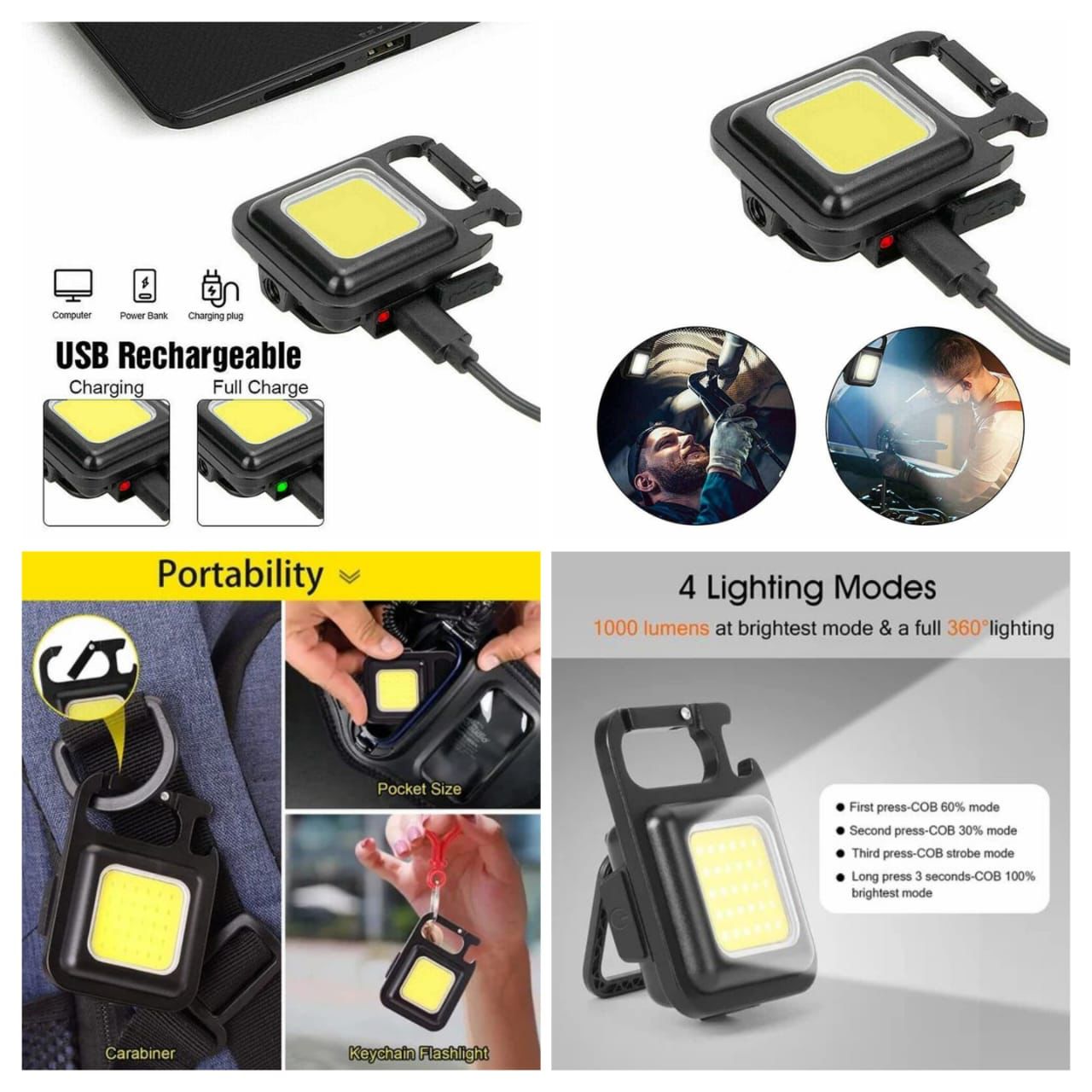 Ultra-Bright COB Rechargeable Keychain Light – Compact Pocket Work Light with Foldable Stand, Durable Carabiner Clip, and Multi-Purpose Outdoor Utility