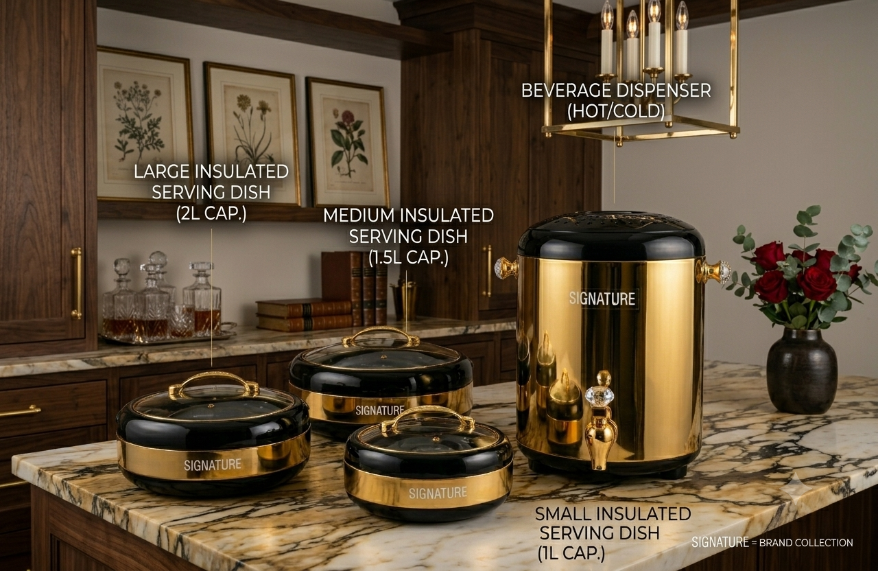 Elite Gold & Black Dining Collection: 4-Piece Insulated Serving Set