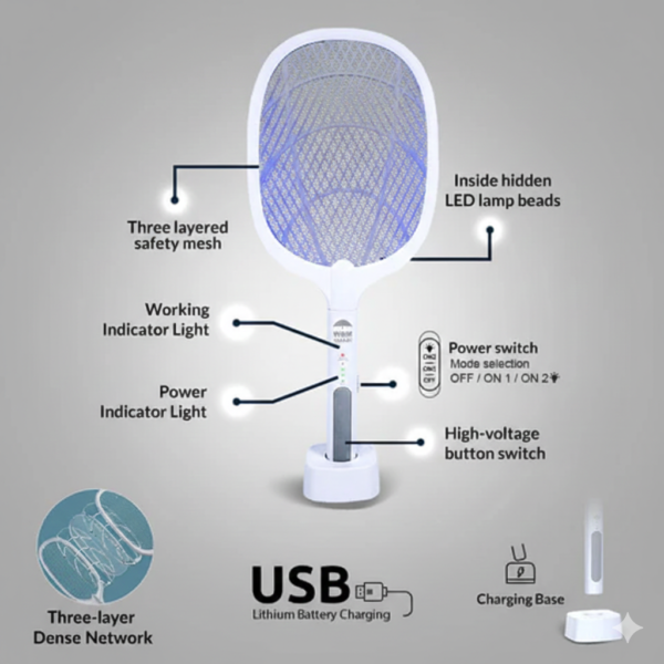 M3 Silent Guard – Rechargeable Electric Mosquito Swatter & Lamp | Dual Protection Against Mosquitoes, Silent & Eco-Friendly Design