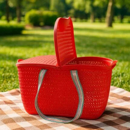 Plastic Picnic Basket with Lid and Fabric Handles – Stylish Outdoor Storage for Food, Drinks & Essentials