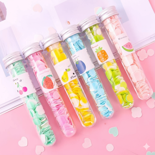 Portable Travel Paper Soap Sheets in Fruit-Themed Test Tubes (24 Pack) – Scented Mini Soap Flakes for Hand Washing, Camping, Hiking, School & Travel