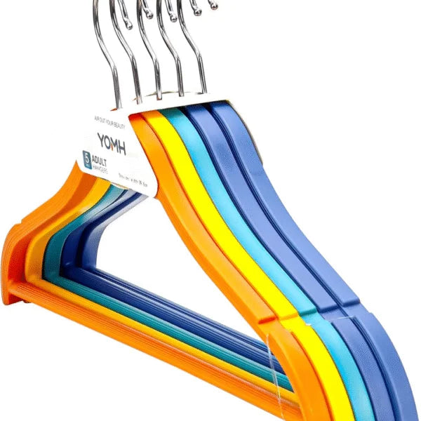 5-Piece Colorful Adult Clothes Hanger Set – Heavy Duty Plastic Hangers with Metal Hook | Anti-Slip & Space Saving Design