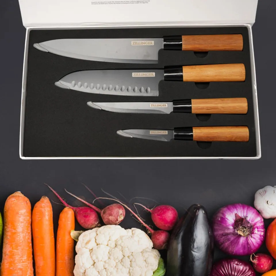 Zillinger Japanese Style Stainless Steel Knife Set (4-Piece) – Premium Precision Cutting Knives for Home & Professional Chefs