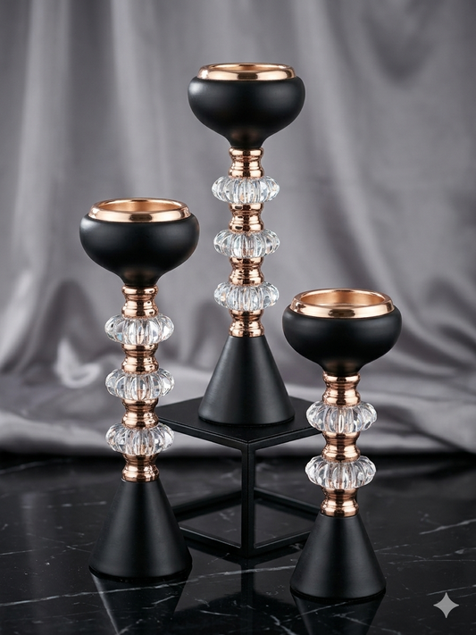 Gold/Black Metal with Acrylic Crystal Tealight Votive 3pc Candle Holders