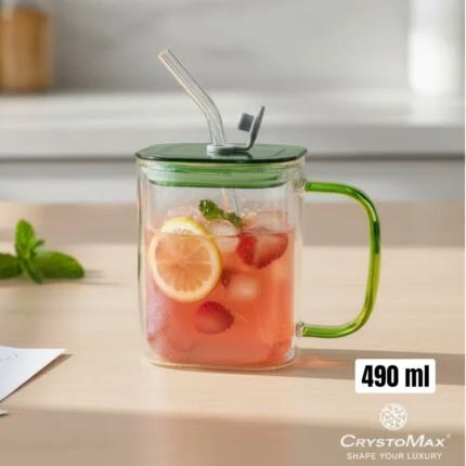 CrystoMax 490ml Borosilicate Glass Mug with Lid and Glass Straw | Square Shape Drinking Glass Cup for Juice, Tea, Coffee and Cold Drinks