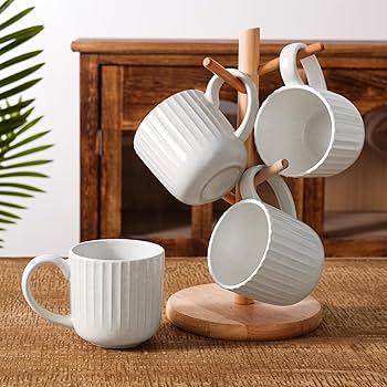 Wooden Mug Tree Stand – 6 Hook Coffee Cup Organizer for Kitchen Countertop