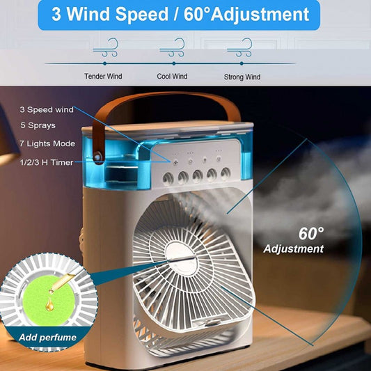 Portable Air Conditioner Fan, Mini Evaporative Air Cooler with 7 Colors LED Light, 1/2/3 H Timer, 3 Wind Speeds and 3 Spray Modes for Your Desk,