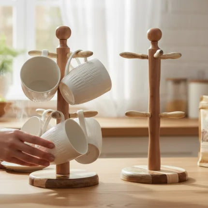 Wooden Mug Tree Stand – 6 Hook Coffee Cup Organizer for Kitchen Countertop
