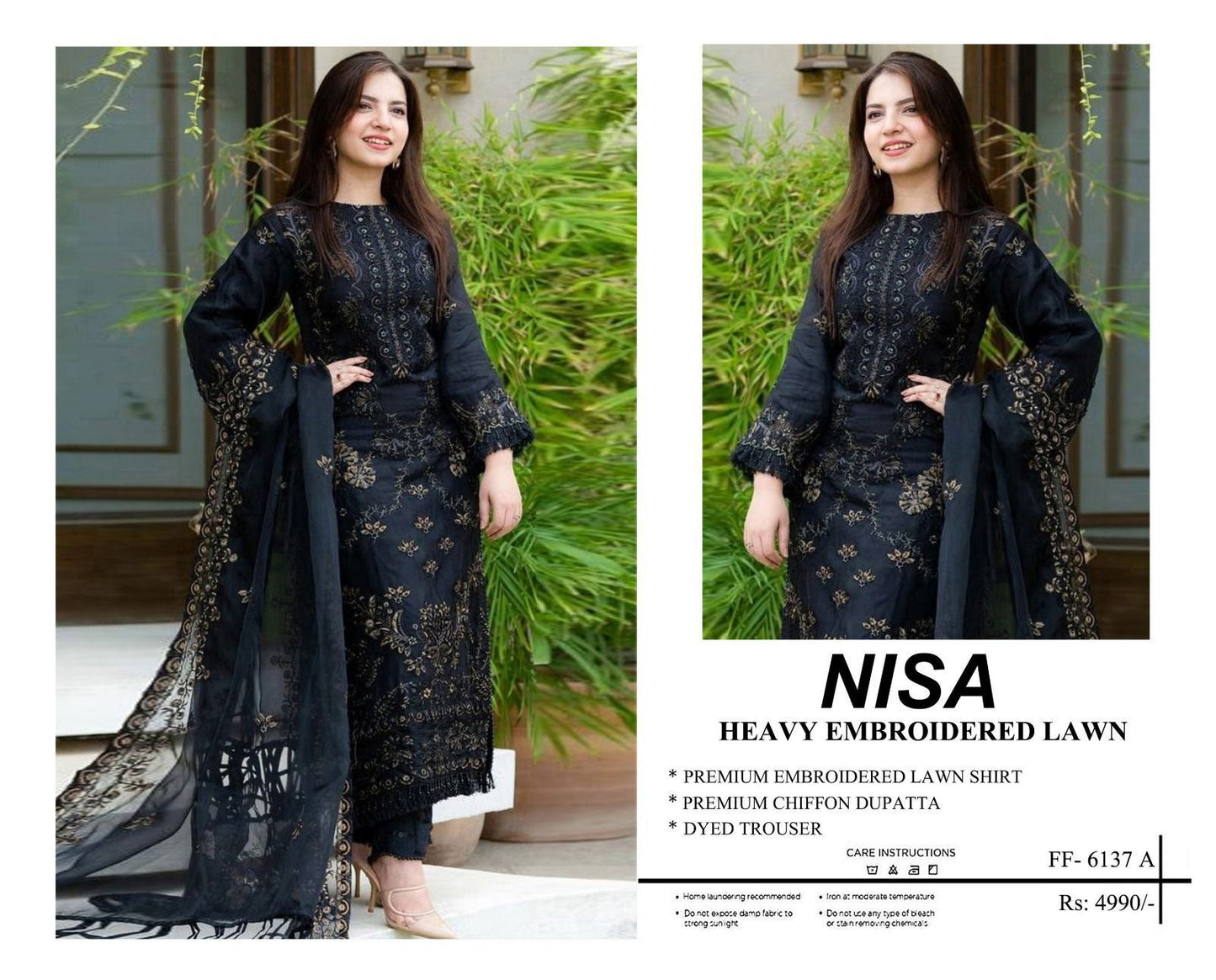 Nisa 6137 Premium Airjet Lawn Embroidered 3PC Suit – Luxury Chiffon Dupatta Collection
