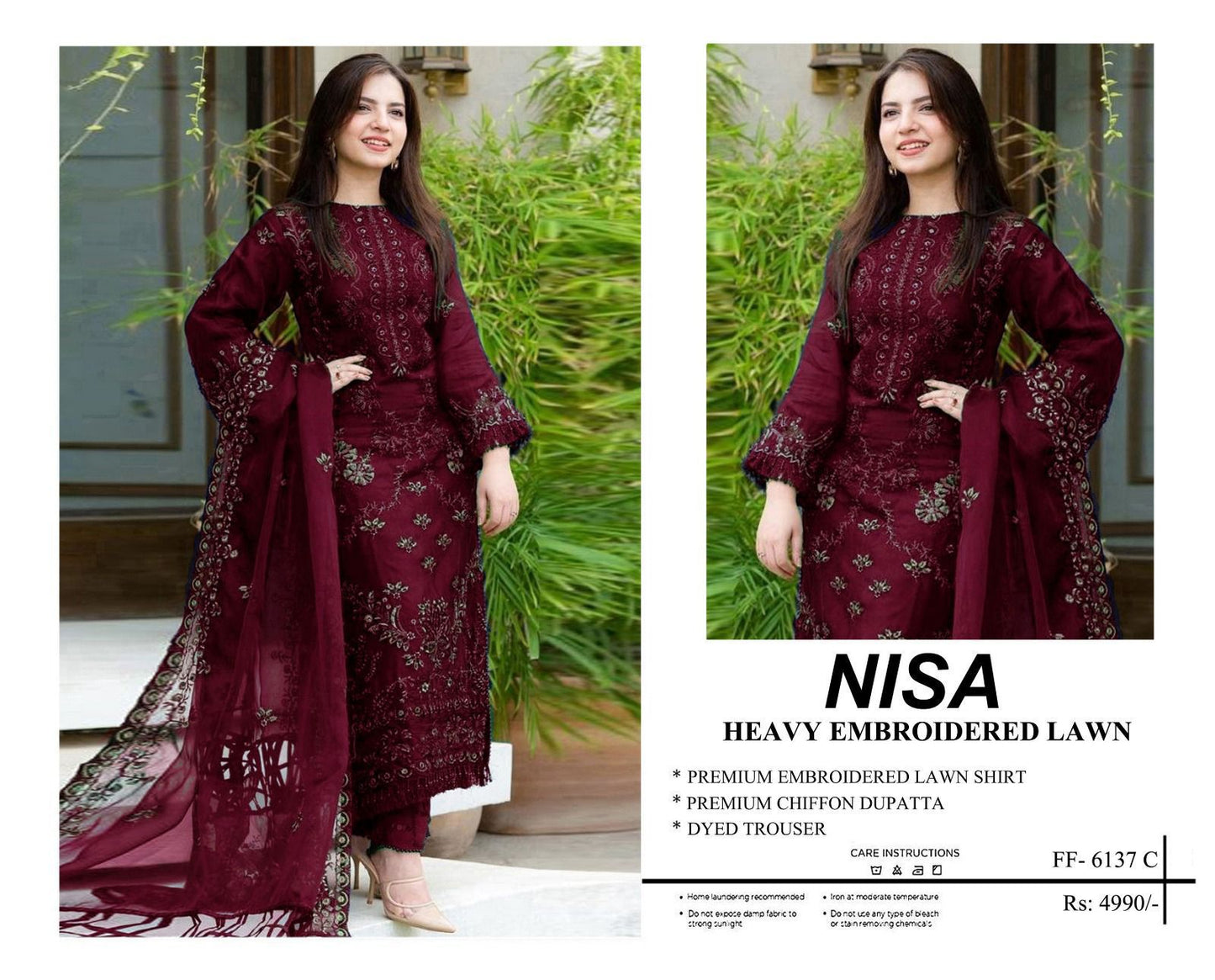 Nisa 6137 Premium Airjet Lawn Embroidered 3PC Suit – Luxury Chiffon Dupatta Collection