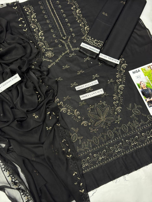 Nisa 6137 Premium Airjet Lawn Embroidered 3PC Suit – Luxury Chiffon Dupatta Collection
