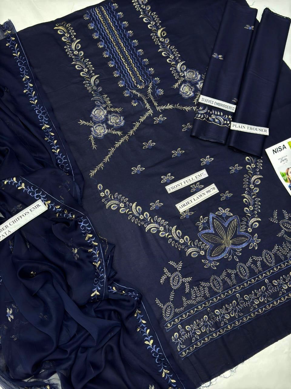 Nisa 6137 Premium Airjet Lawn Embroidered 3PC Suit – Luxury Chiffon Dupatta Collection