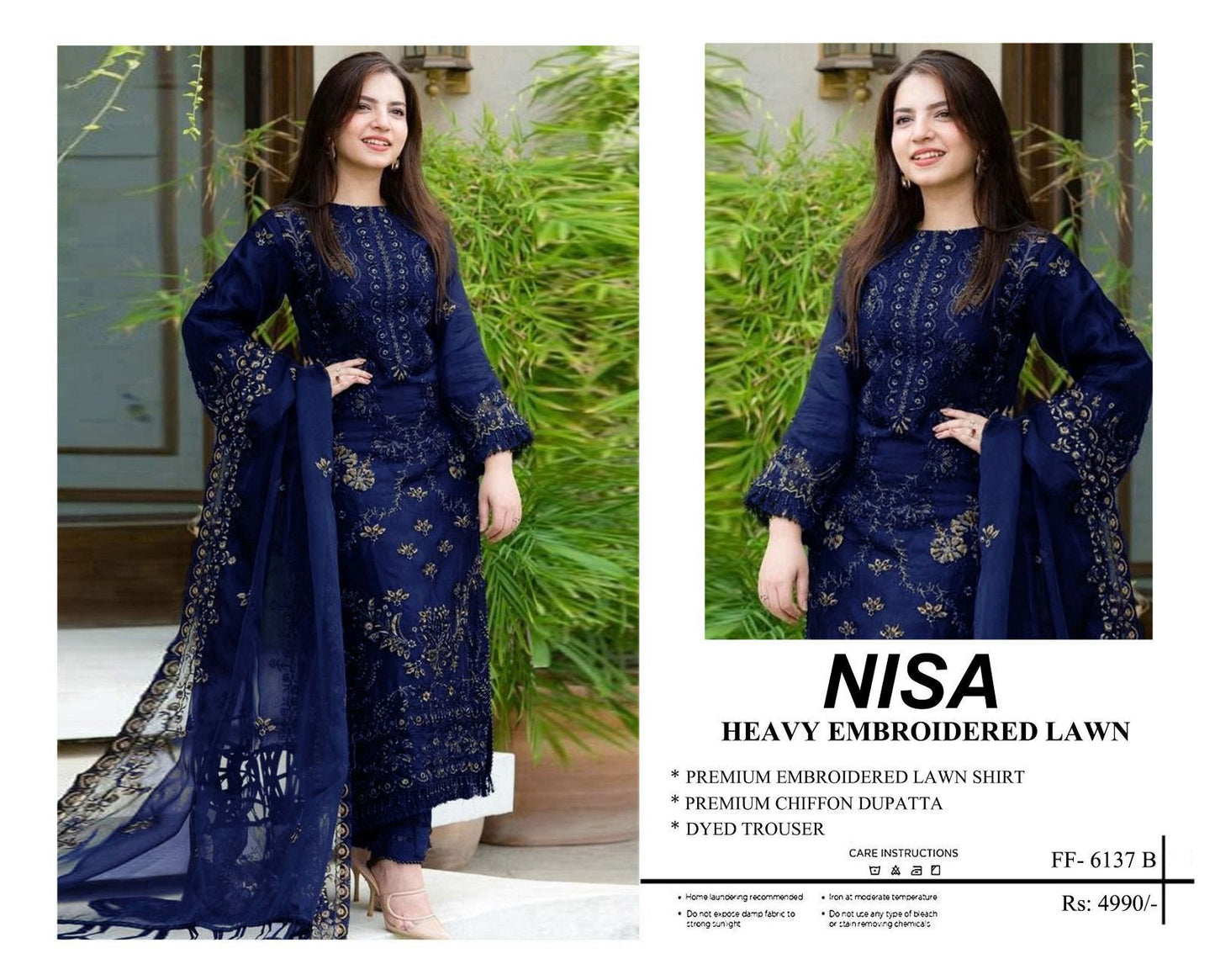 Nisa 6137 Premium Airjet Lawn Embroidered 3PC Suit – Luxury Chiffon Dupatta Collection