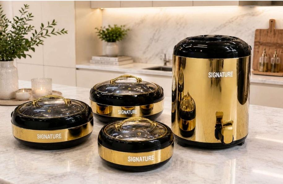 Elite Gold & Black Dining Collection: 4-Piece Insulated Serving Set