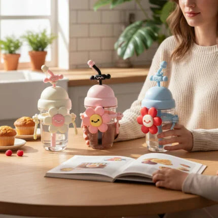 Cute Flower Tumbler with Straw – 800ml Acrylic Water Bottle