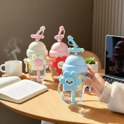 Cute Flower Tumbler with Straw – 800ml Acrylic Water Bottle