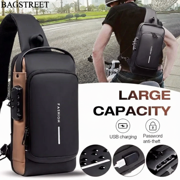 Men’s Waterproof Anti-Theft Sling Bag with USB Charging Port – Matte Black & Bronze Crossbody Chest Pack for Travel, Work & Daily Use