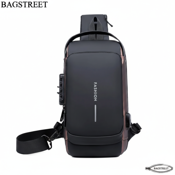 Men’s Waterproof Anti-Theft Sling Bag with USB Charging Port – Matte Black & Bronze Crossbody Chest Pack for Travel, Work & Daily Use