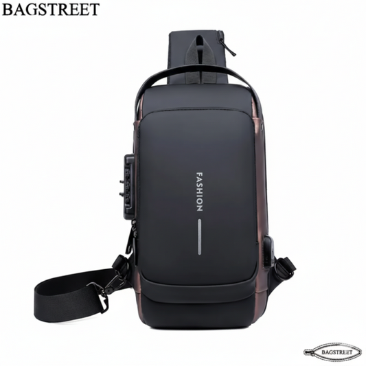 Men’s Waterproof Anti-Theft Sling Bag with USB Charging Port – Matte Black & Bronze Crossbody Chest Pack for Travel, Work & Daily Use