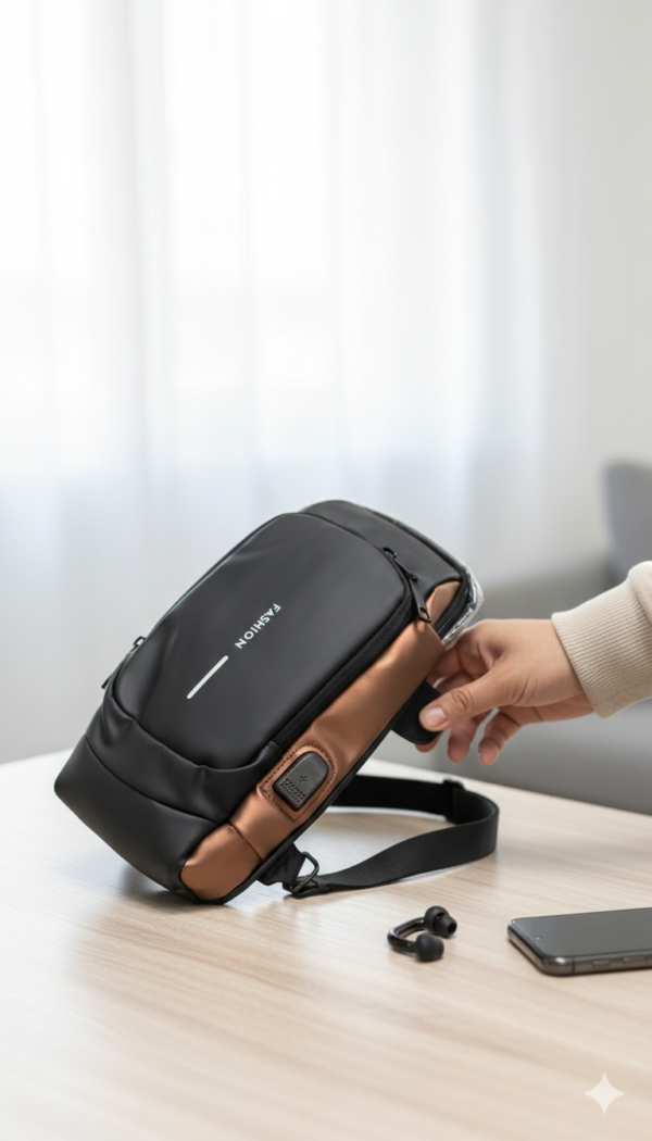 Men’s Waterproof Anti-Theft Sling Bag with USB Charging Port – Matte Black & Bronze Crossbody Chest Pack for Travel, Work & Daily Use