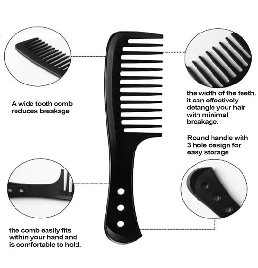 Black Wide Tooth Hair Comb – Anti-Breakage Detangler Comb for Curly, Thick & Wet Hair | Ergonomic Handle with Hanging Holes