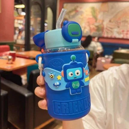 Robot-Themed Kids Water Bottle | 3D Cartoon Sipper Bottle with Straw & Strap – Leak-Proof BPA-Free