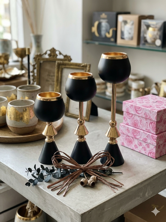 3 Matte Black & Gold Candle Holders
