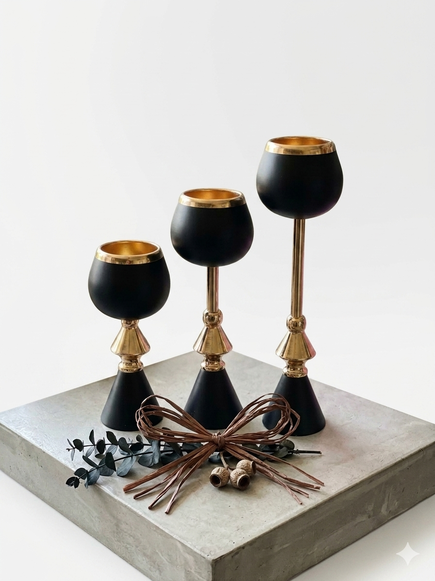 3 Matte Black & Gold Candle Holders
