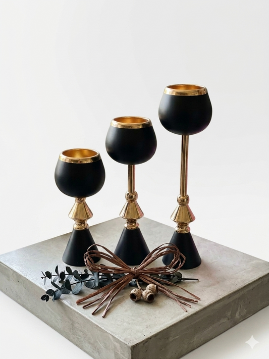 3 Matte Black & Gold Candle Holders