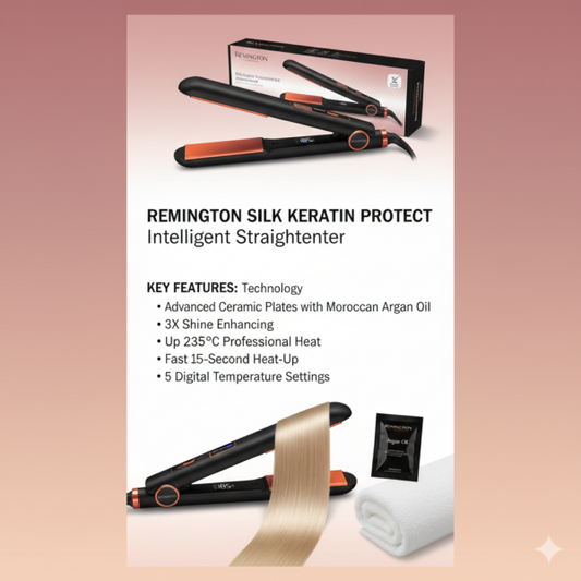 Remington Silk Keratin Protect Intelligent Hair Straightener with Advanced Ceramic Plates, Moroccan Argan Oil & Shine Enhancing Technology