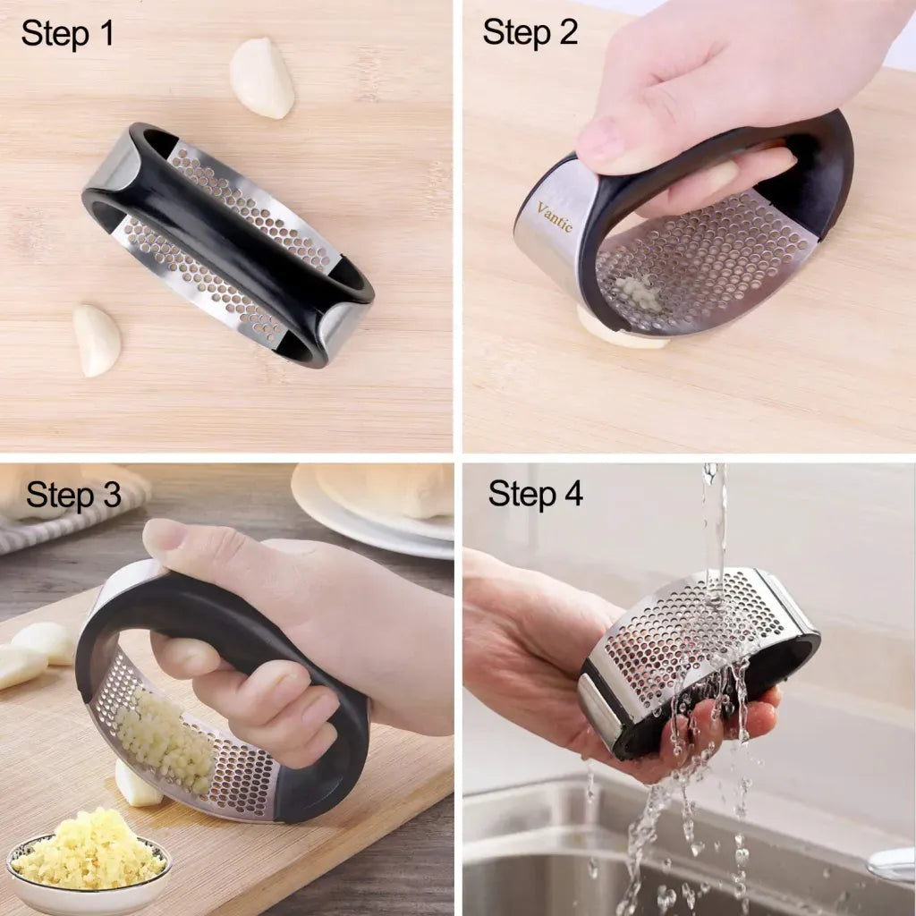 Ergonomic Garlic Press with Stainless Steel Mesh - Easy Handheld Garlic Crusher and Mincer