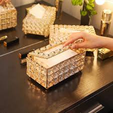 Golden Crystal Glass Tissue Box - Rectangle Shape