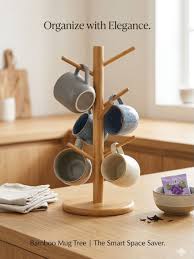 Wooden Mug Tree Stand – 6 Hook Coffee Cup Organizer for Kitchen Countertop