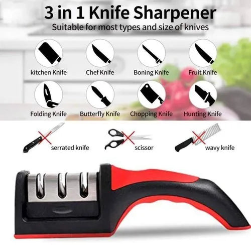 Professional 3-Stage Kitchen Knife Sharpener RS-168 – Manual Sharpening Tool for Steel Knives with Ergonomic Handle & Non-Slip Base for Safe and Easy Use