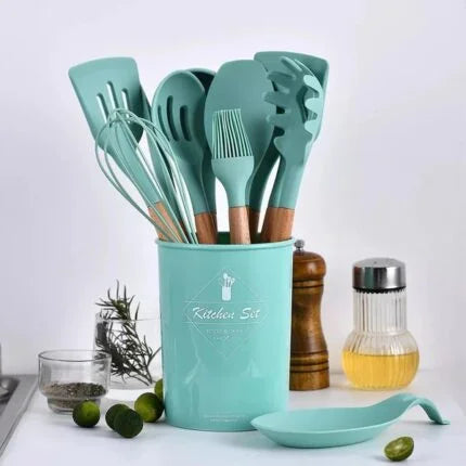 Premium Silicone Kitchen Utensils Set (12 Pcs) with Holder – Heat Resistant Non-Stick Cooking Tools Pakistan