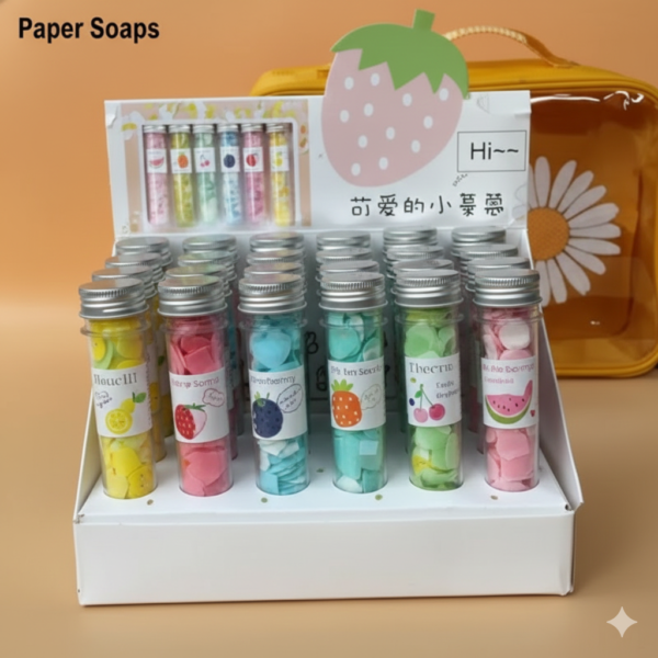Portable Travel Paper Soap Sheets in Fruit-Themed Test Tubes (24 Pack) – Scented Mini Soap Flakes for Hand Washing, Camping, Hiking, School & Travel