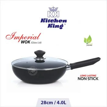 Kitchen King 28cm Non-Stick Frying Pan with Glass Lid – Medium Family Size Pan for Daily Cooking – Imperial Wol With Long Handle