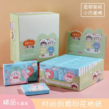 24-Pack Cartoon Cotton Soft Pocket Tissue – Ultra-Soft 3-Ply Facial Tissue with Cute Animal Prints | Travel-Friendly & Skin-Safe
