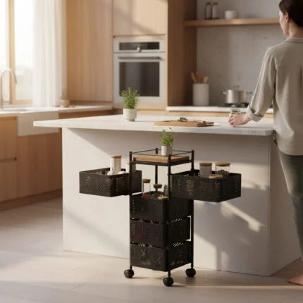 Rotating Kitchen Vegetable Rack – 3, 4 & 5 Tier Metal Moving Storage Trolley