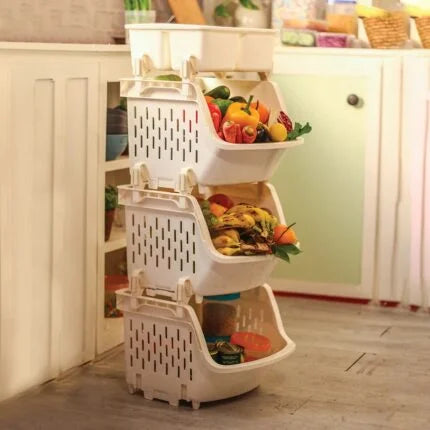 Multi-Purpose Vegetable Rack – 4 Tier Plastic Storage Organizer for Fruits, Vegetables, Grocery & Kitchen Use – Stackable & Space-Saving Design